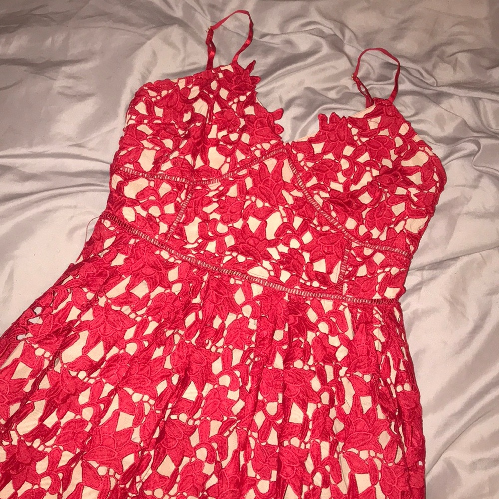 Rouge Red lace panel midi Aline dress.